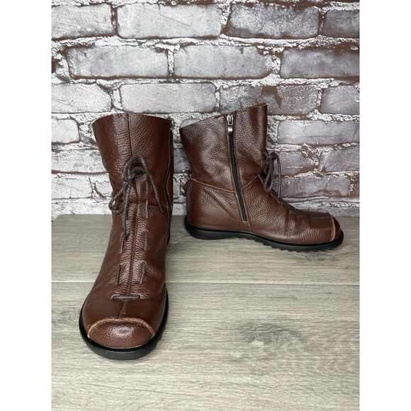 Hin Rui VTG Brown Leather Ankle Boots Rope Laces Side Zip Women 8.5M US/39EU 250 - Picture 11 of 16